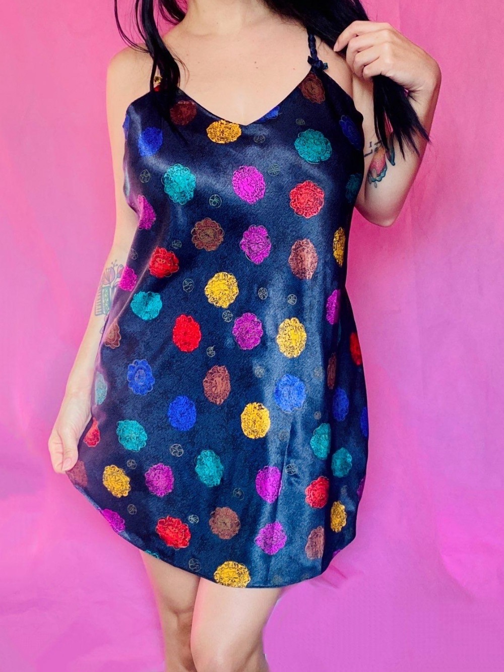 Vintage 80s 90s Black Slip Dress Chemise with Rainbow Abstract Floral Print